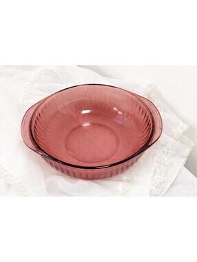 Pyrex Cranberry Round Casserole 2 Qt 2L Ribbed Glass Vintage No Lid